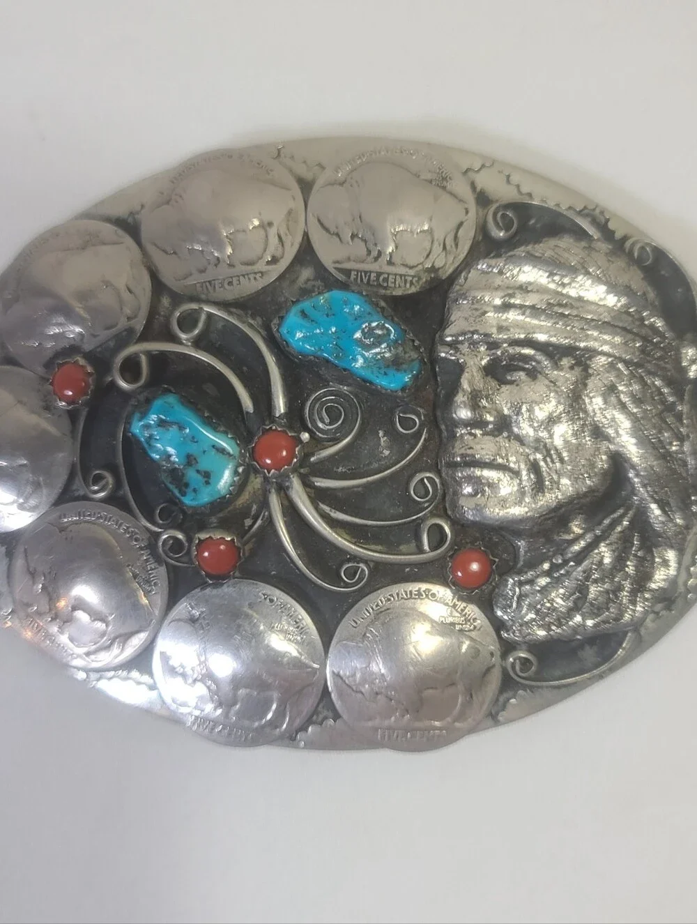 Native American Nickel Silver Turquoise Coral Buffalo Indian Head Belt Buckle